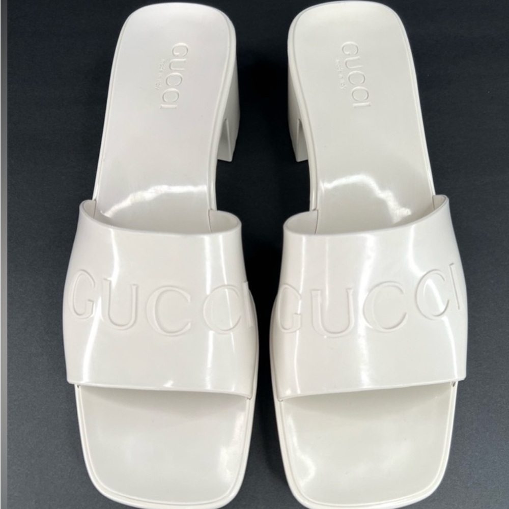 Gucci White Mules with Embossed Logo